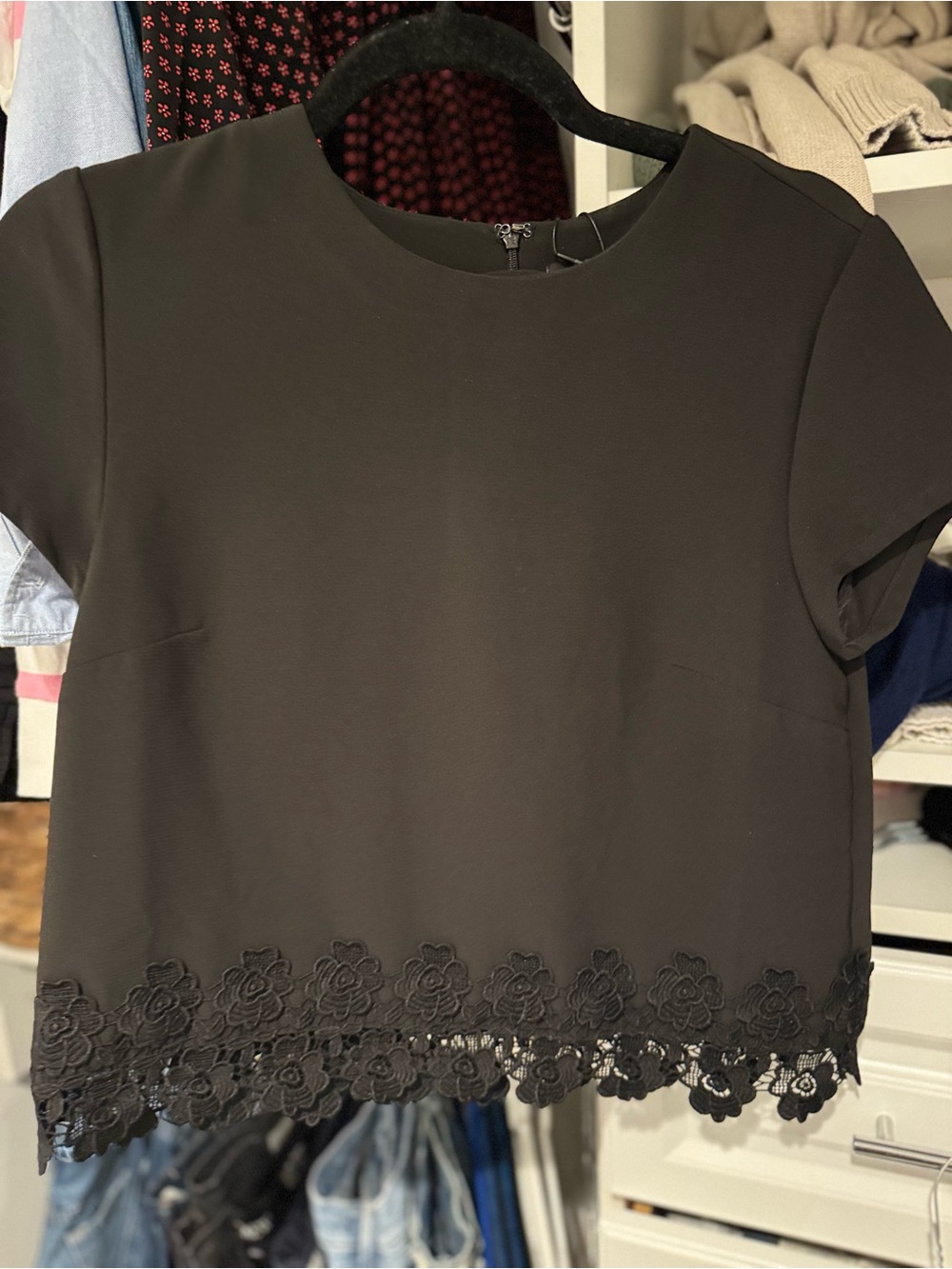 Nordstrom Black Short Sleeve Crop Top with Floral Lace Trim